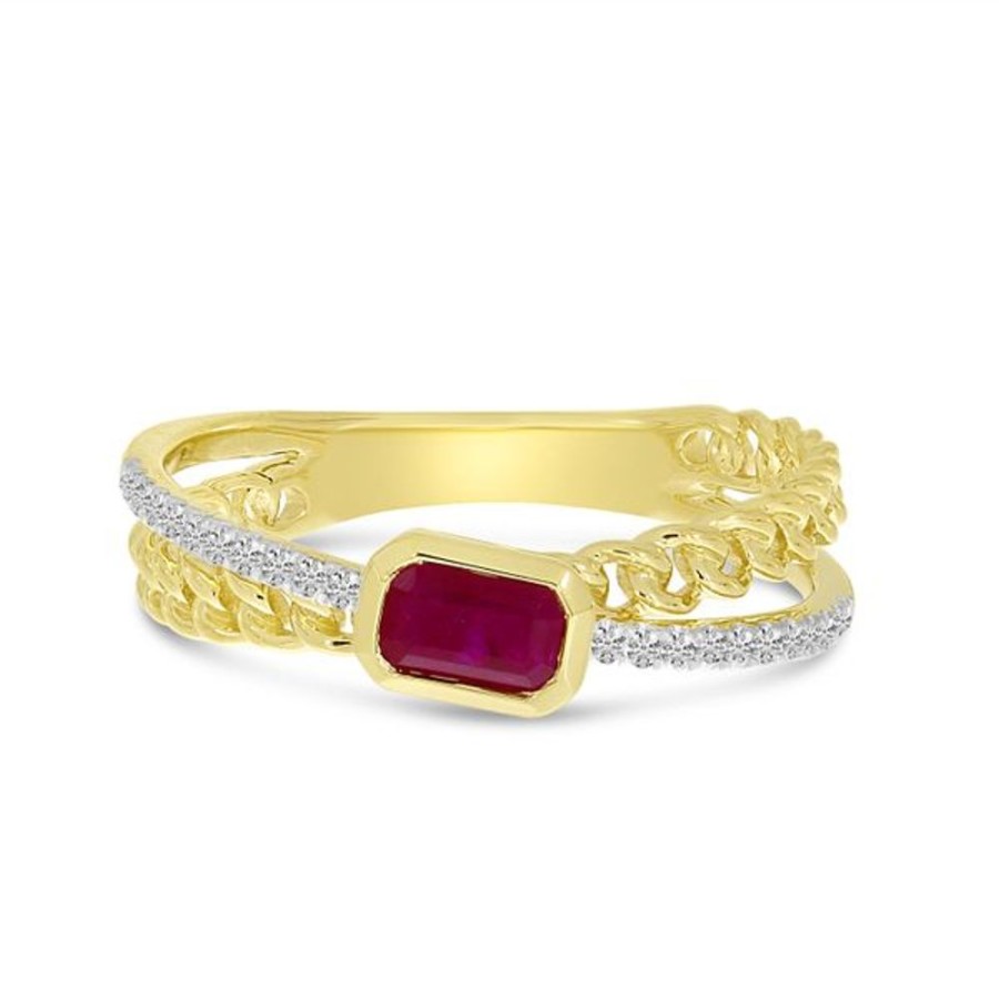 Colored Stone Jewelry Color Merchants | 14K Yellow Gold Offcenter Ruby & Diamond Chain Ring