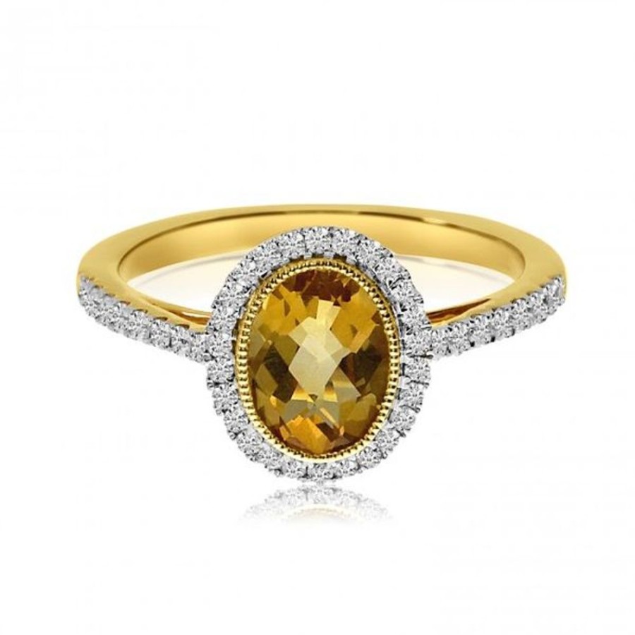 Colored Stone Jewelry Color Merchants | 14K Yellow Gold Oval Bezel Citrine And Diamond Semi Precious Ring