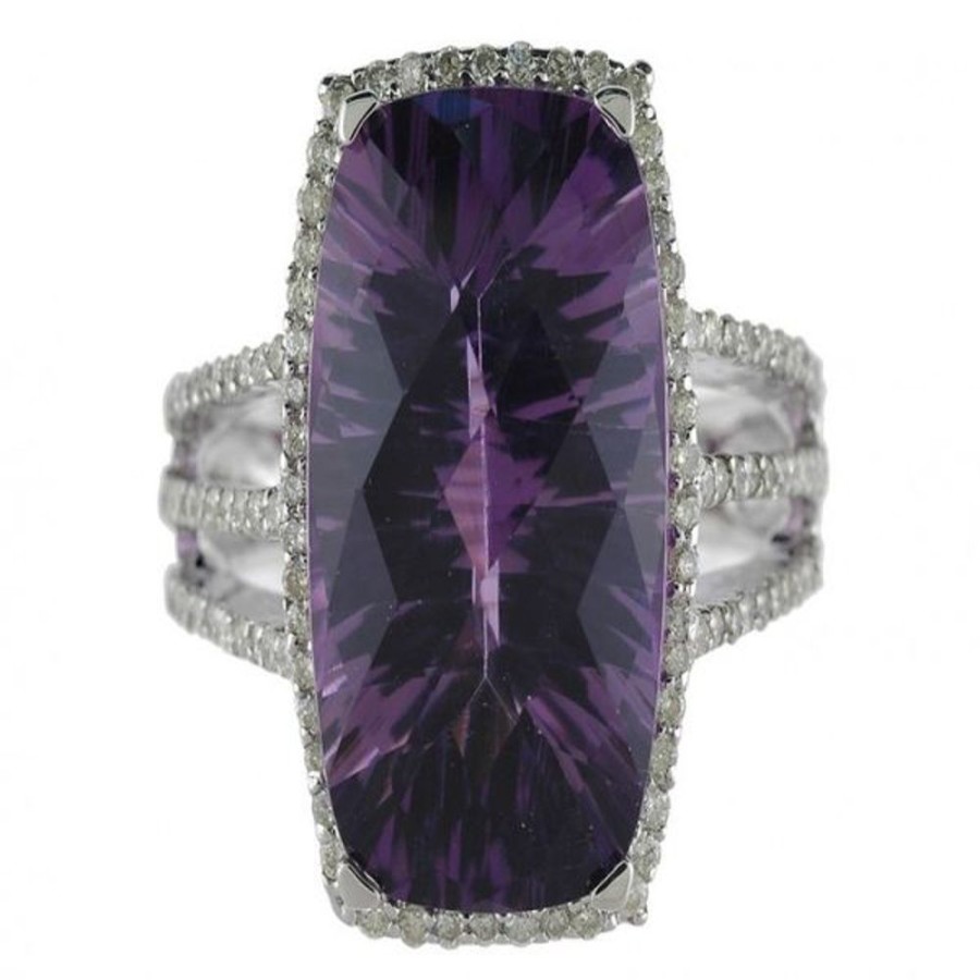 Colored Stone Jewelry Color Merchants | 14K White Gold Large 18 X 11 Mm Rectangular Cushion Amethyst And Diamond Semi Pr