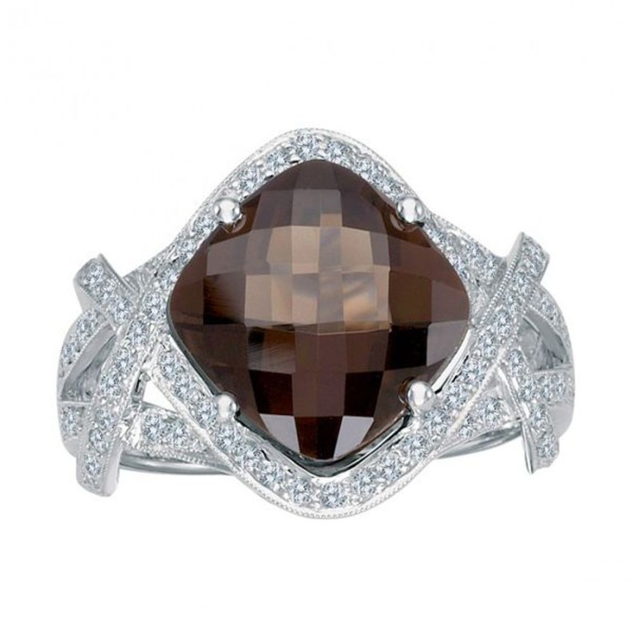 Colored Stone Jewelry Color Merchants | 14K White Gold 11Mm Cushion Smoky Topaz And Diamond Semi Precious Fashion Ring