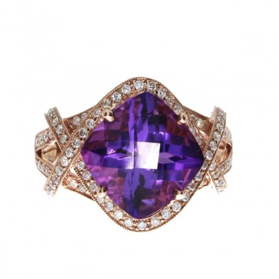 Colored Stone Jewelry Color Merchants | 14K Rose Gold 11 Mm Cushion Amethyst And Diamond Fashion Ring