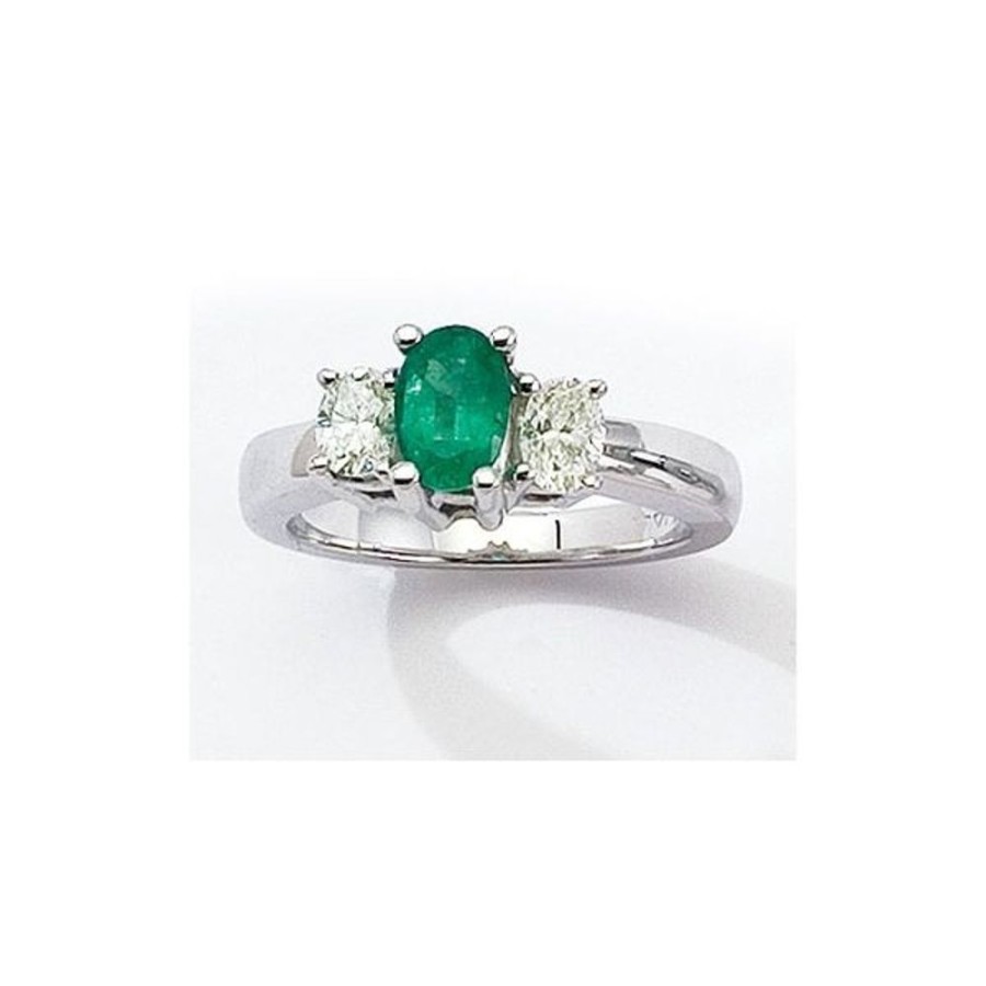 Colored Stone Jewelry Color Merchants | 14K Yellow Gold Three Stone 7X5 Oval Emerald And .50 Ct Diamond Ring