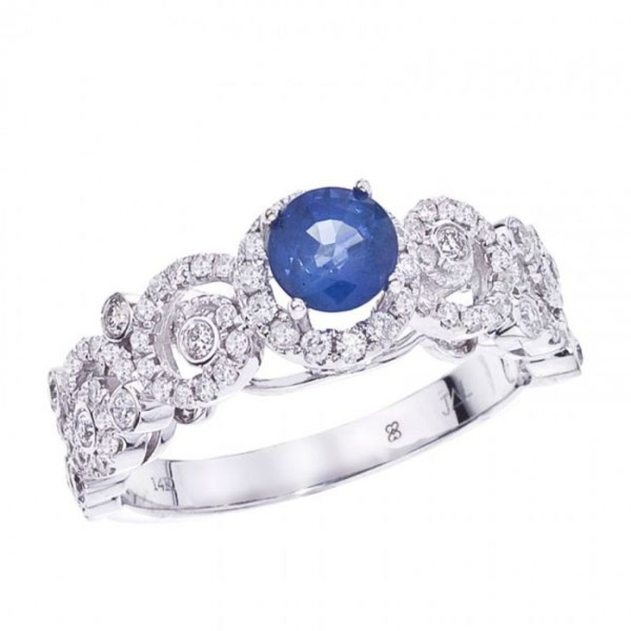 Colored Stone Jewelry Color Merchants | 14K White Gold Diamond And Precious Round 5 Mm Sapphire Swirl Band Ring