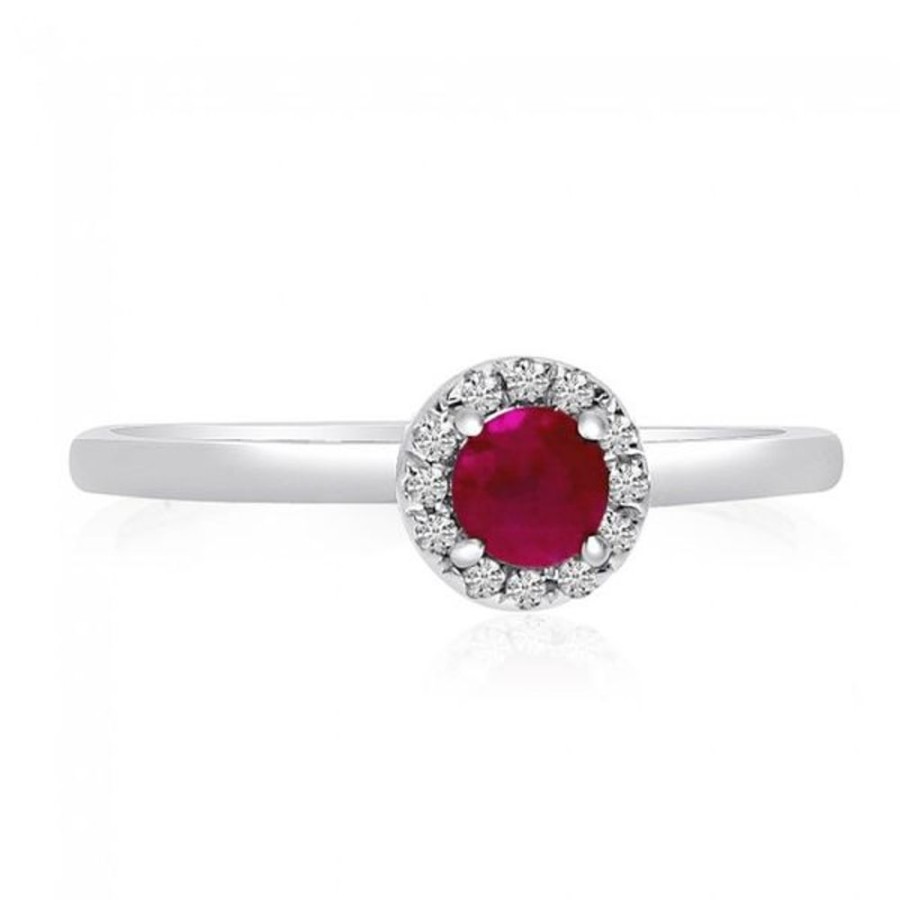 Colored Stone Jewelry Color Merchants | 10K White Gold 4Mm Round Ruby And Diamond Halo Precious Ring