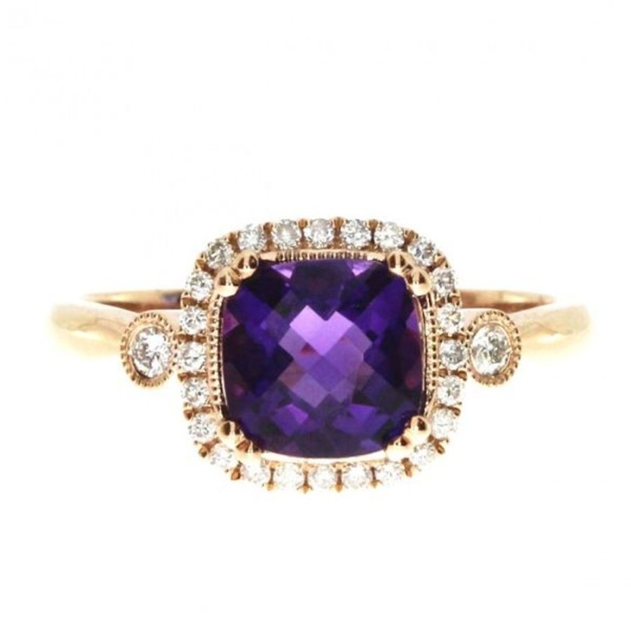 Colored Stone Jewelry Color Merchants | 14K Rose Gold 7Mm Cushion Amethyst And .16 Ct Diamond Fashion Ring