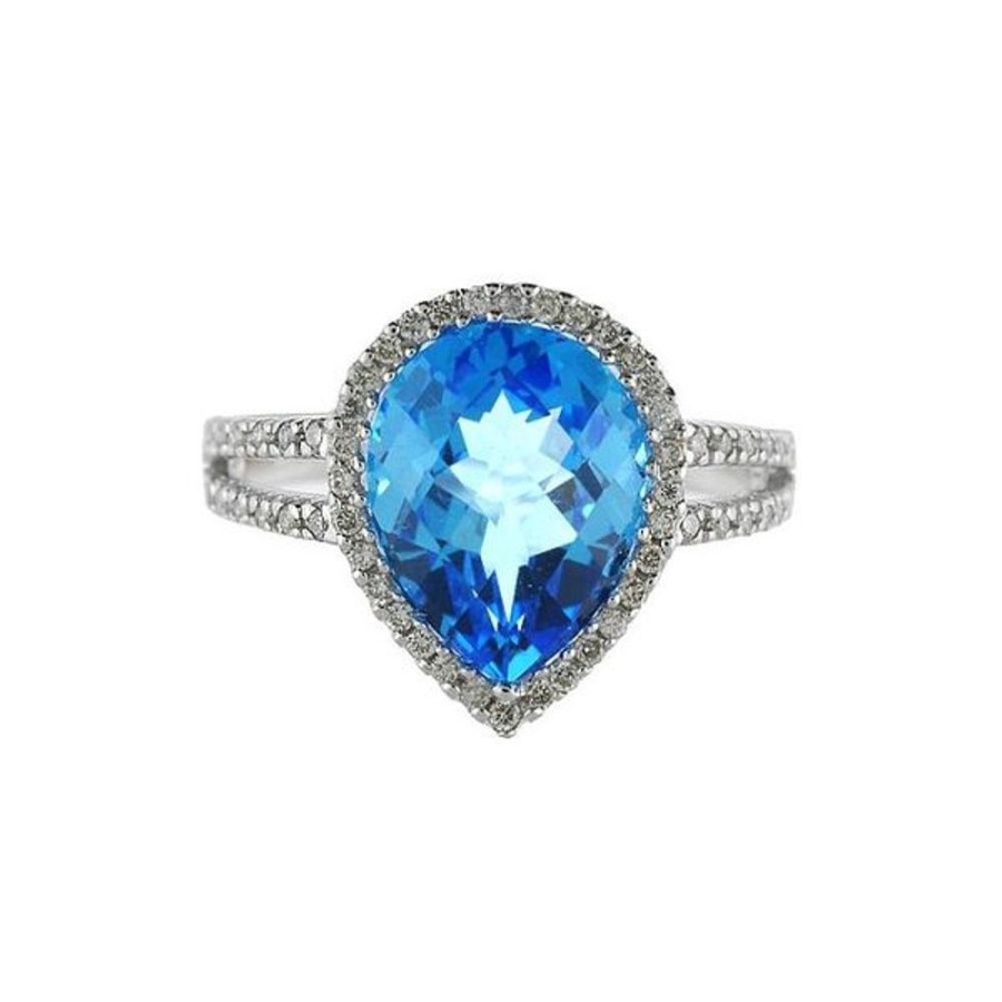 Colored Stone Jewelry Color Merchants | 14K White Gold 11X8 Mm Pear Blue Topaz And Diamond Ring