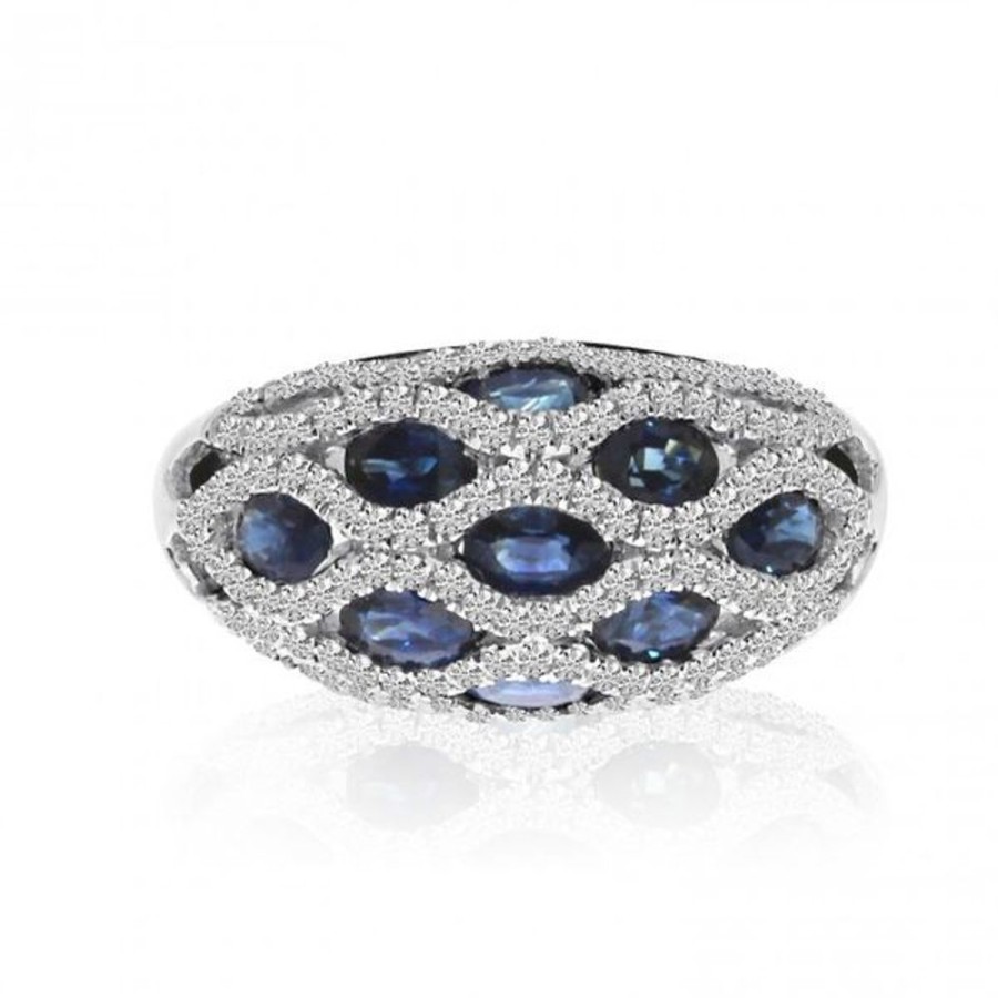 Colored Stone Jewelry Color Merchants | 14K White Gold Oval Sapphire And Diamond Basket Weave Precious Fashion Ring