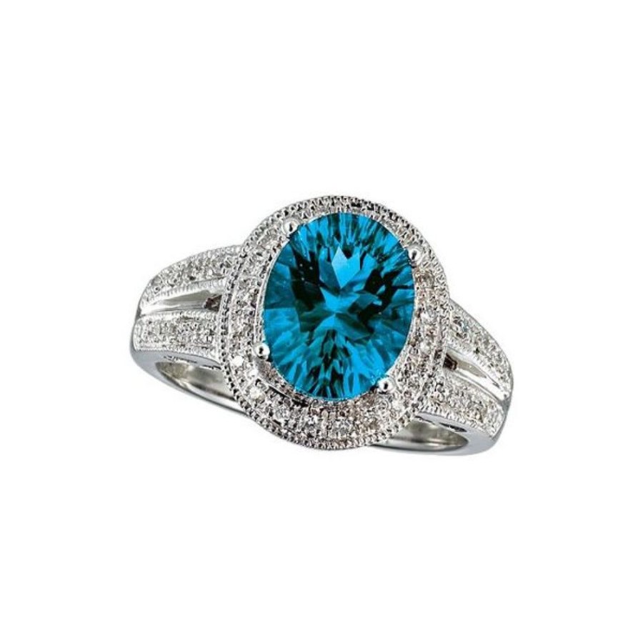 Colored Stone Jewelry Color Merchants | 14K White Gold 10X8 Oval Blue Topaz And Diamond Ring