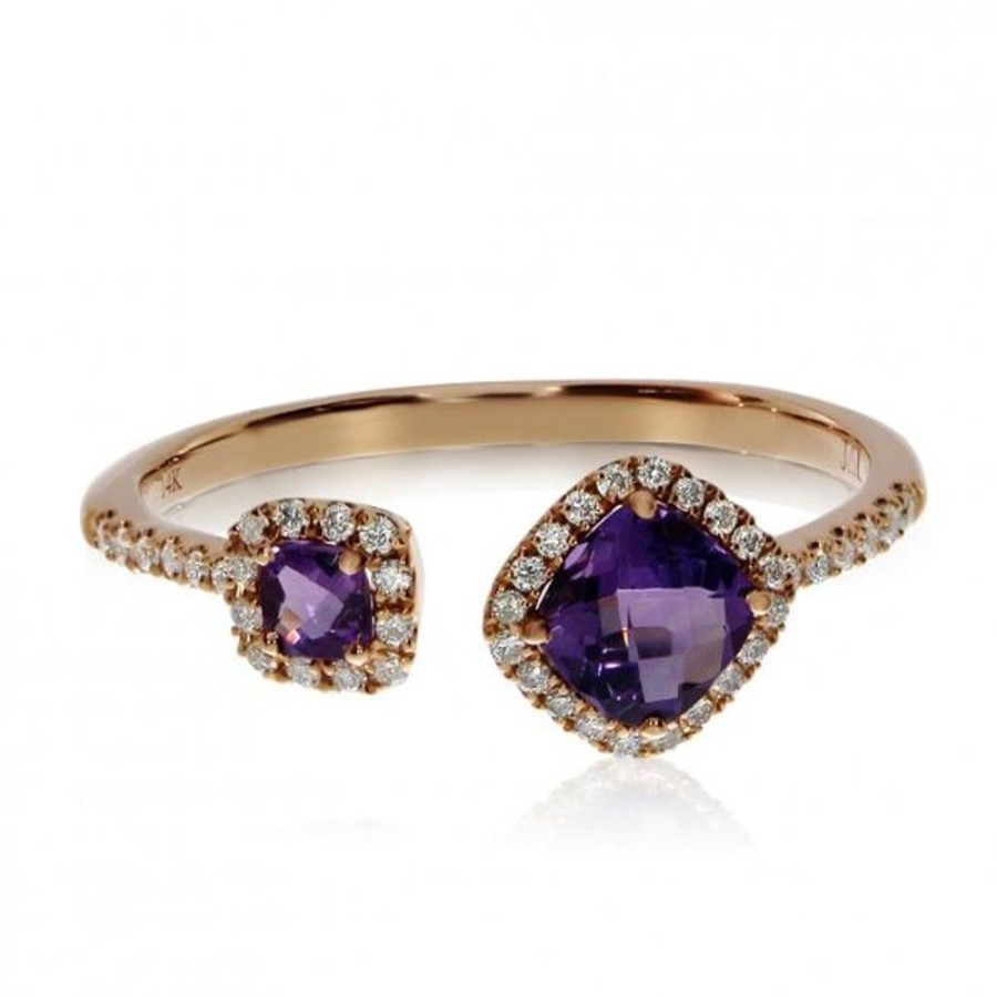 Colored Stone Jewelry Color Merchants | 14K Rose Gold Offset 6Mm And 4Mm Cushion Amethyst And Diamond Semi Precious Fash