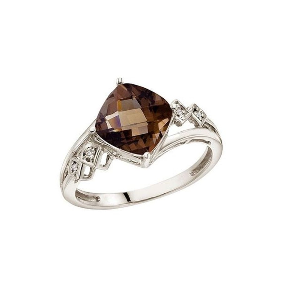 Colored Stone Jewelry Color Merchants | 14K White Gold 8 Mm Cushion Smoky Topaz And Diamond Ring