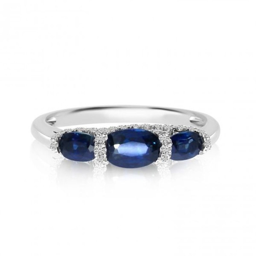 Colored Stone Jewelry Color Merchants | 14K White Gold 3 Oval Sapphire And Diamond Precious Ring