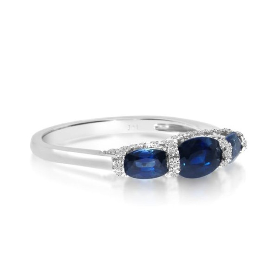 Colored Stone Jewelry Color Merchants | 14K White Gold 3 Oval Sapphire And Diamond Precious Ring