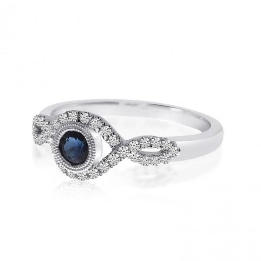 Colored Stone Jewelry Color Merchants | 14K White Gold Round Sapphire And Diamond Precious Ring