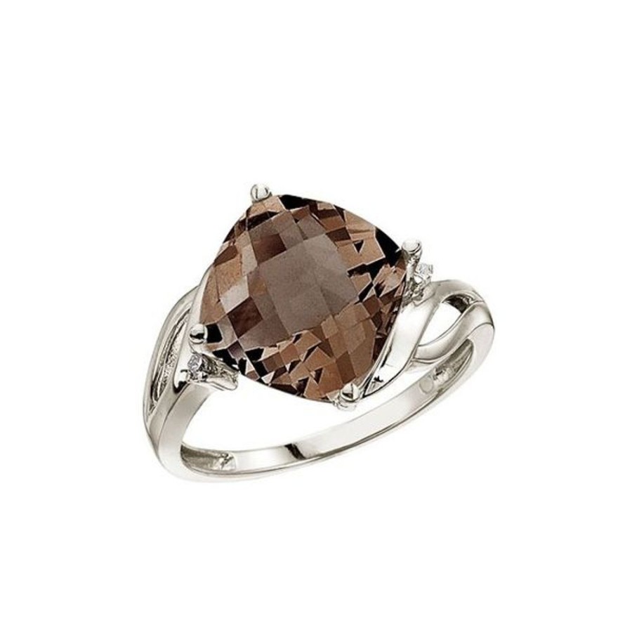 Colored Stone Jewelry Color Merchants | 14K White Gold 10 Mm Cushion Smoky Topaz And Diamond Ring