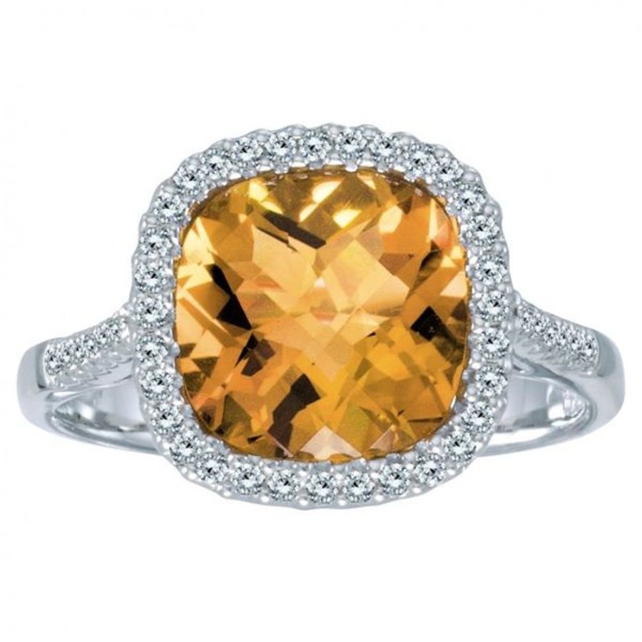 Colored Stone Jewelry Color Merchants | 14K White Gold Semi Precious Cushion Citrine And Diamond Fashion Ring