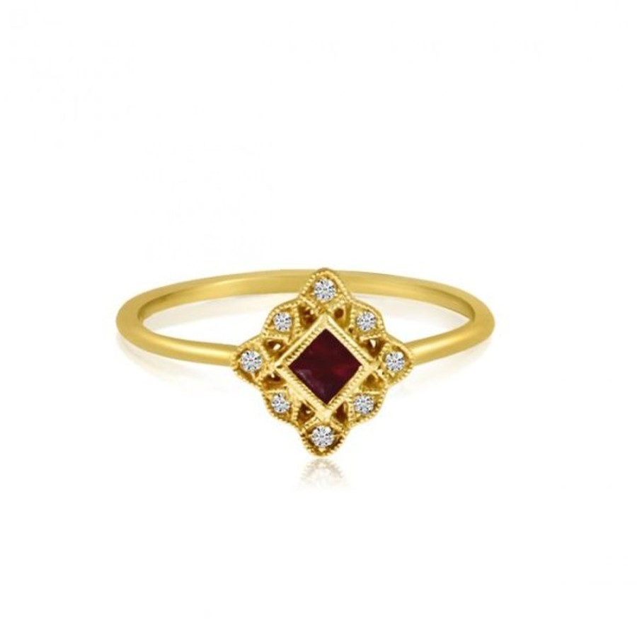 Colored Stone Jewelry Color Merchants | 14K Yellow Gold Princess Ruby And Diamond Filigree Precious Ring