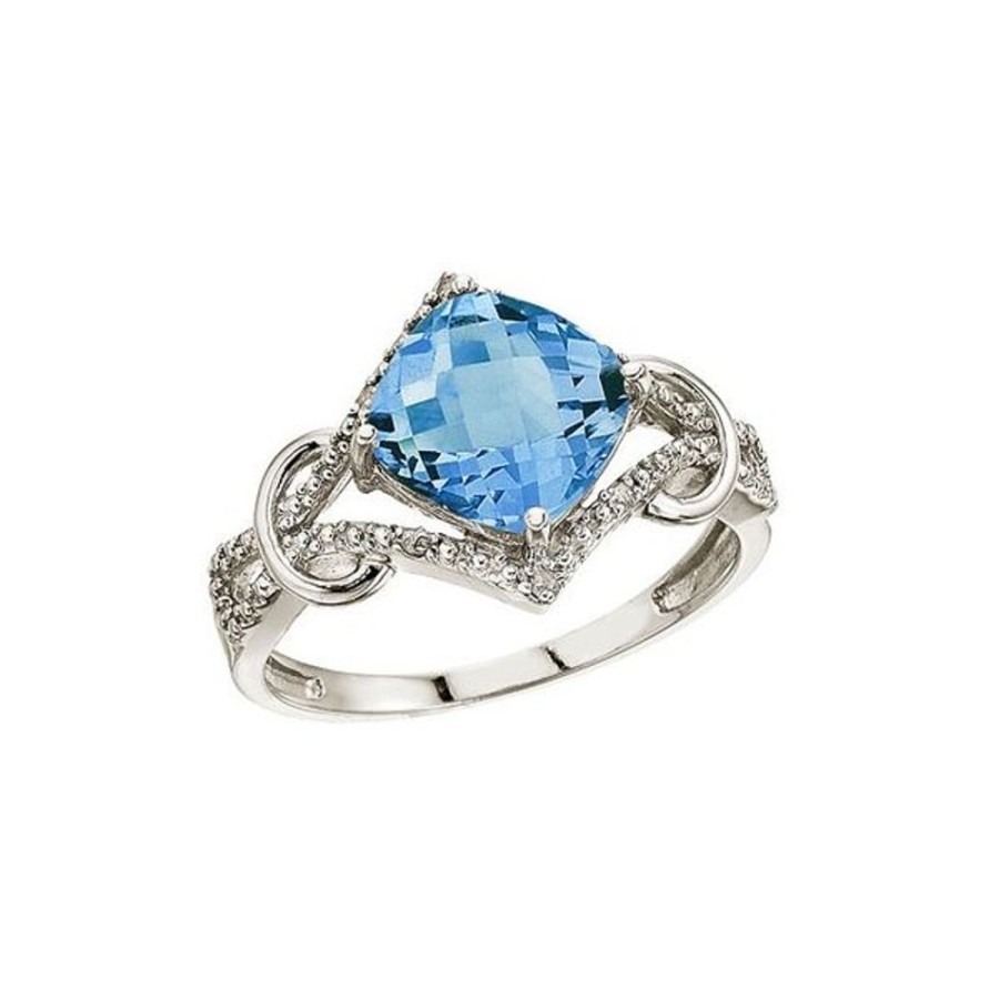 Colored Stone Jewelry Color Merchants | 14K White Gold Blue Topaz And Diamond Cushion Ring