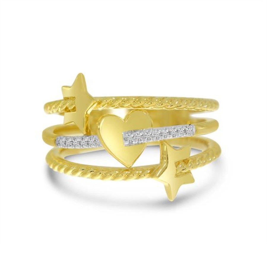 Colored Stone Jewelry Color Merchants | 14K Yellow Gold Diamond Heart And Star Triple Band Fashion Ring