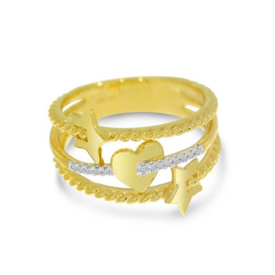 Colored Stone Jewelry Color Merchants | 14K Yellow Gold Diamond Heart And Star Triple Band Fashion Ring