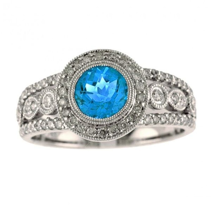 Colored Stone Jewelry Color Merchants | 14K White Gold 6Mm Round Blue Topaz And Diamond Semi Precious Ring