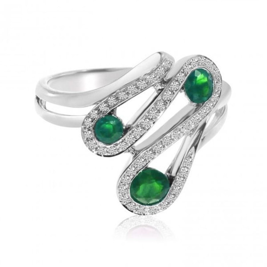 Colored Stone Jewelry Color Merchants | 14K White Gold Round Emerald And Diamond Wave Precious Fashion Ring