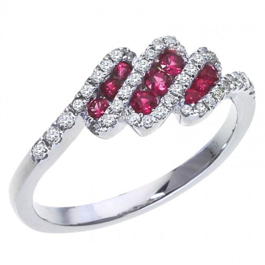 Colored Stone Jewelry Color Merchants | 14K White Gold Three Row Round Rubies And Diamonds Precious Fashion Ring