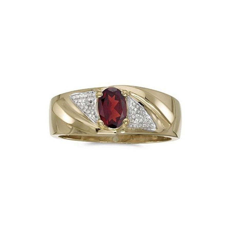 Colored Stone Jewelry Color Merchants | 10K Yellow Gold Oval Garnet And Diamond Gents Ring