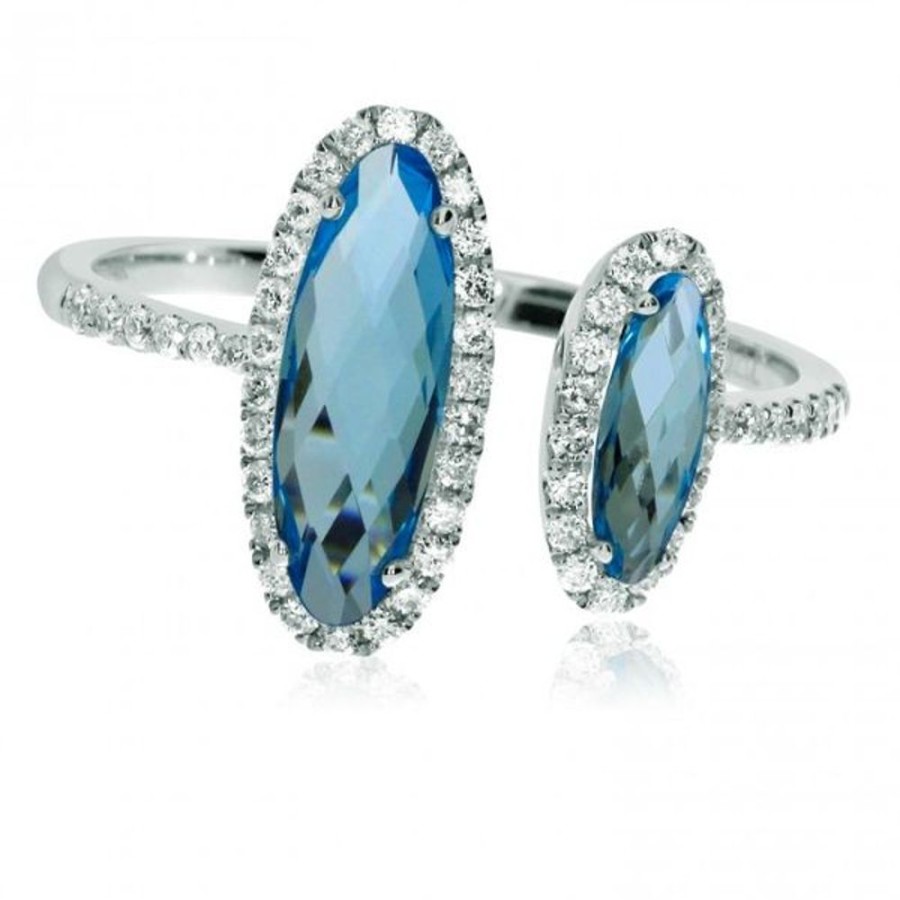 Colored Stone Jewelry Color Merchants | 14K White Gold Offset Oval 10X5 Mm And 8X3 Mm Blue Topaz And Diamond Semi Precio