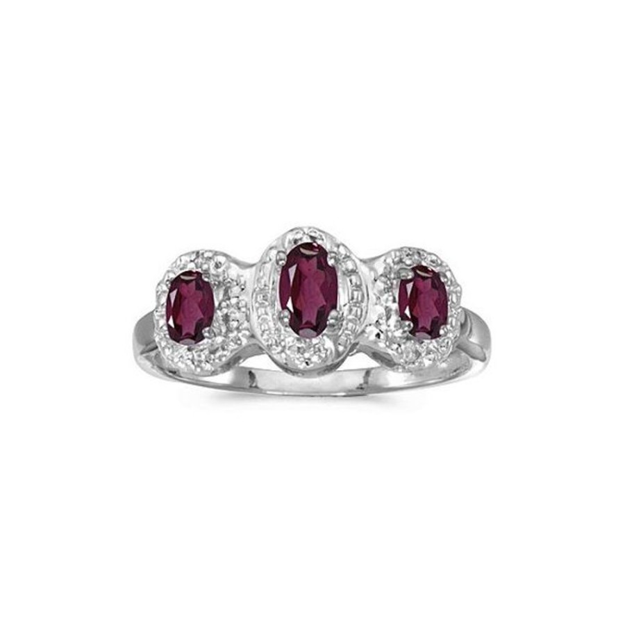 Colored Stone Jewelry Color Merchants | 14K White Gold Oval Rhodolite Garnet And Diamond Three Stone Ring