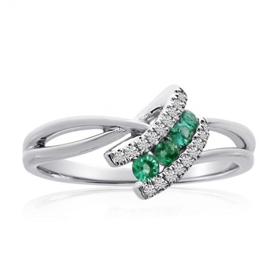 Colored Stone Jewelry Color Merchants | 14K White Gold 2.4 Mm Round Emerald And Diamond Precious Angle Ring