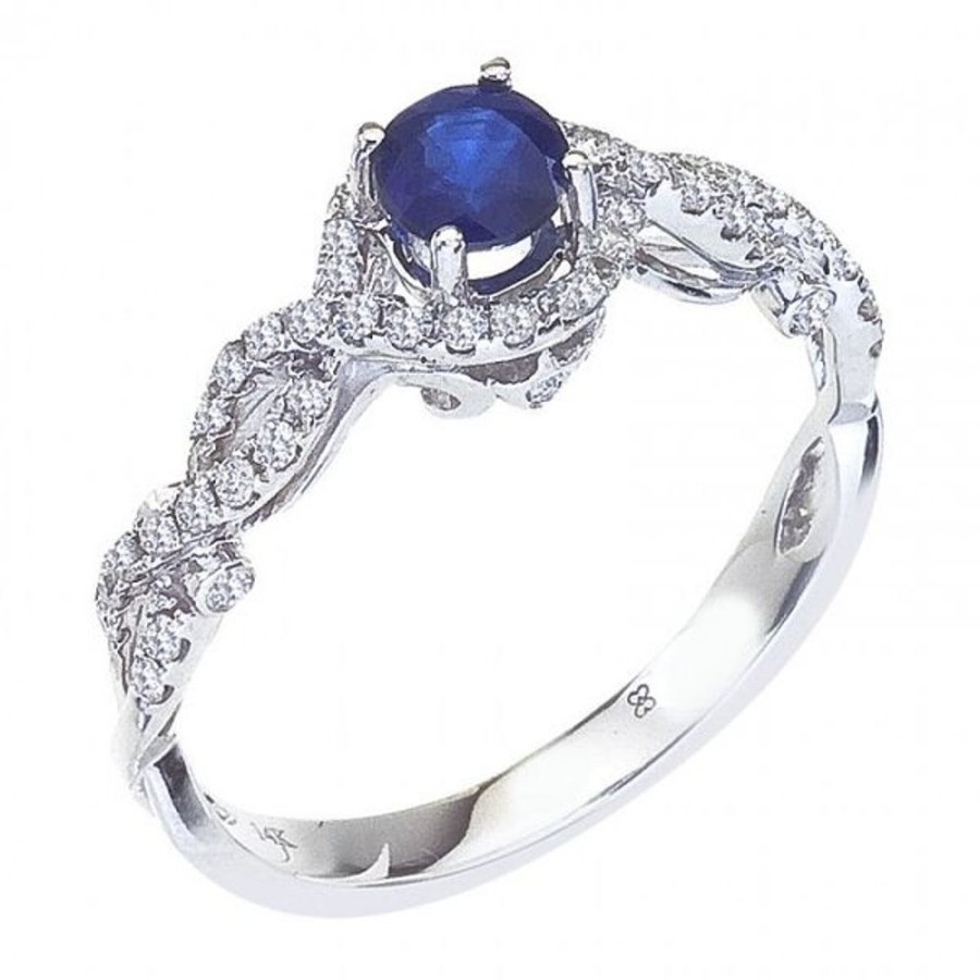 Colored Stone Jewelry Color Merchants | 14K White Gold Diamond And Round Sapphire Twist Ring