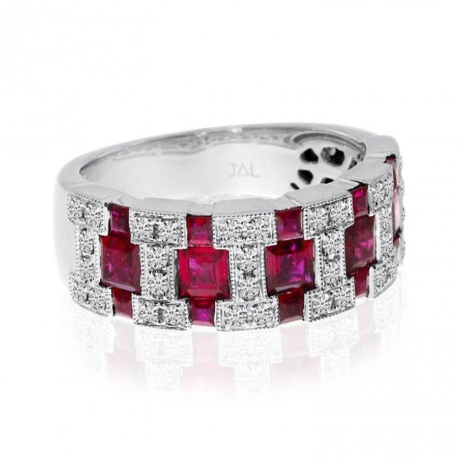 Colored Stone Jewelry Color Merchants | 14K White Gold Princess Ruby And Diamond Wide Precious Band