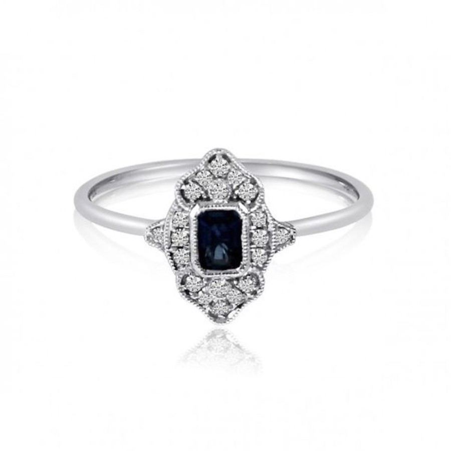 Colored Stone Jewelry Color Merchants | 14K White Gold Octagon Sapphire And Diamond Filigree Precious Ring