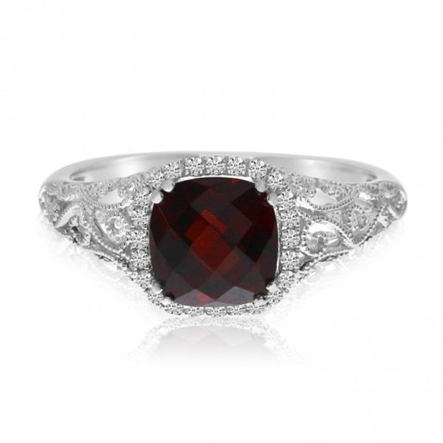 Colored Stone Jewelry Color Merchants | 14K White Gold 6Mm Cushion Garnet And Diamond Filigree Semi Precious Ring