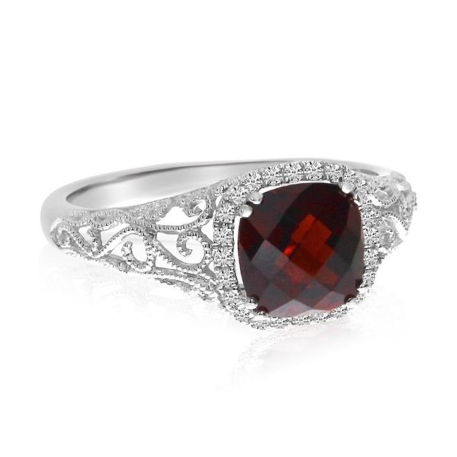 Colored Stone Jewelry Color Merchants | 14K White Gold 6Mm Cushion Garnet And Diamond Filigree Semi Precious Ring