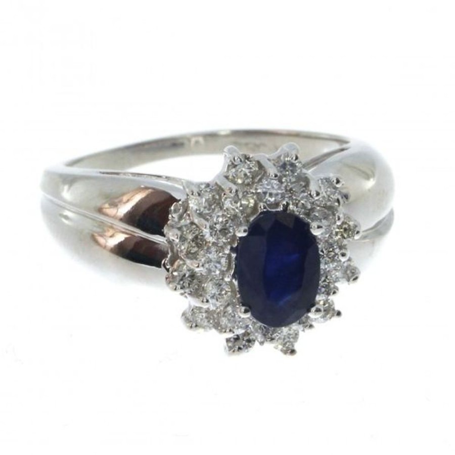 Colored Stone Jewelry Color Merchants | 14K White Gold 1 Ct 7X5 Ovals Sapphire And .60 Ct Diamond Thick Shank Lady Di Ri