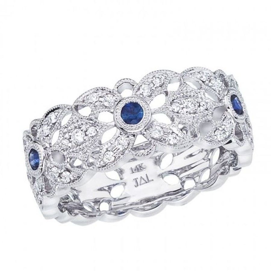 Colored Stone Jewelry Color Merchants | 14K White Gold Precious Round Sapphire And Diamond Filigree Band Ring