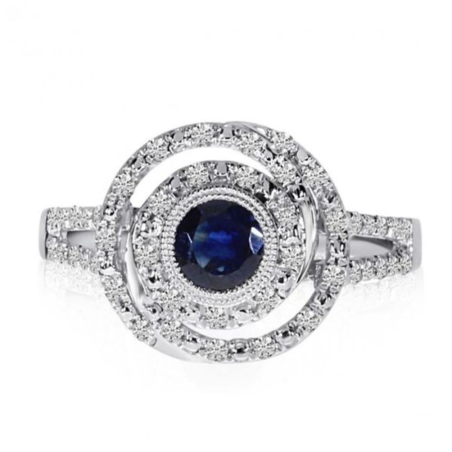 Colored Stone Jewelry Color Merchants | 14K White Gold Precious Round Sapphire And Diamonds Concentric Circle Ring