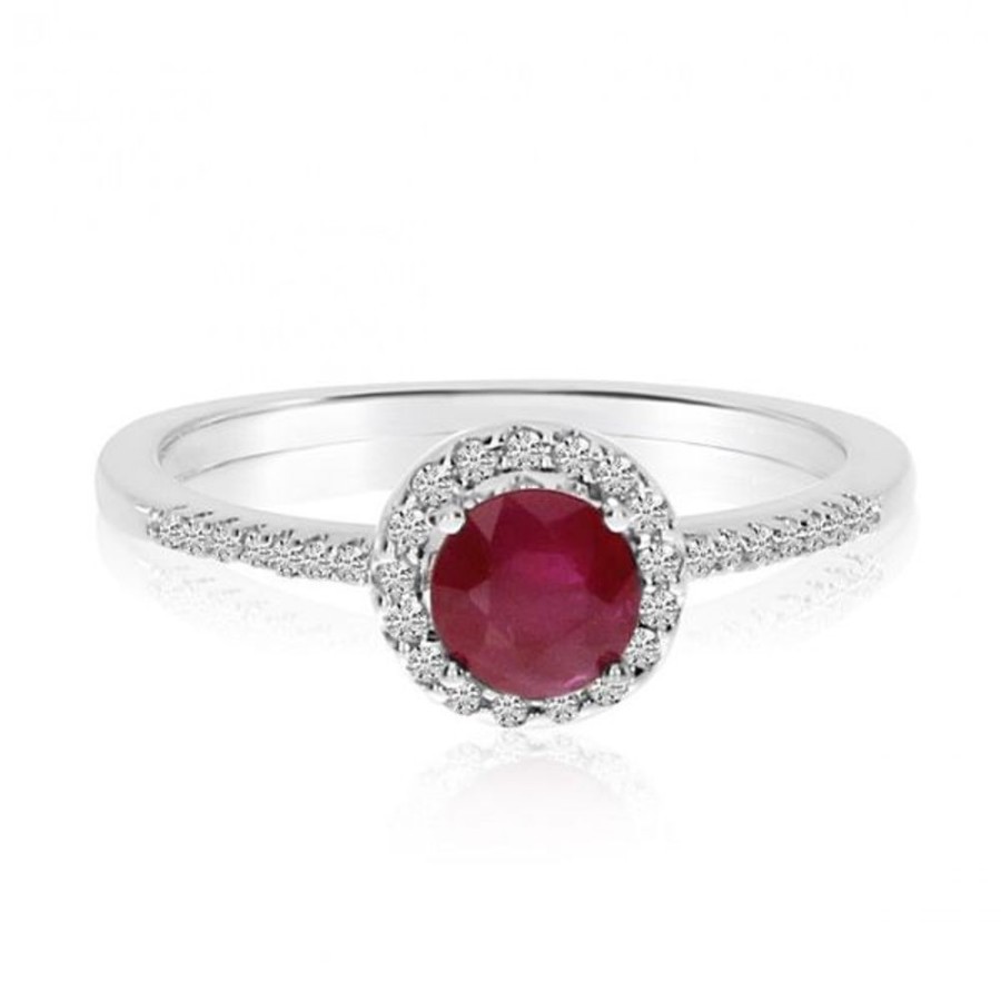 Colored Stone Jewelry Color Merchants | 14K White Gold Round Ruby And Diamond Halo Precious Ring