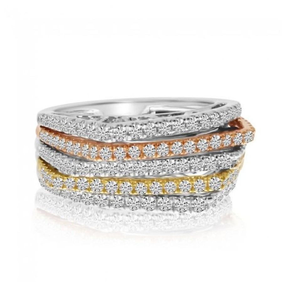 Colored Stone Jewelry Color Merchants | 14K Tri Color Rose White And Yellow Gold 5 Row Diamond Fashion Ring