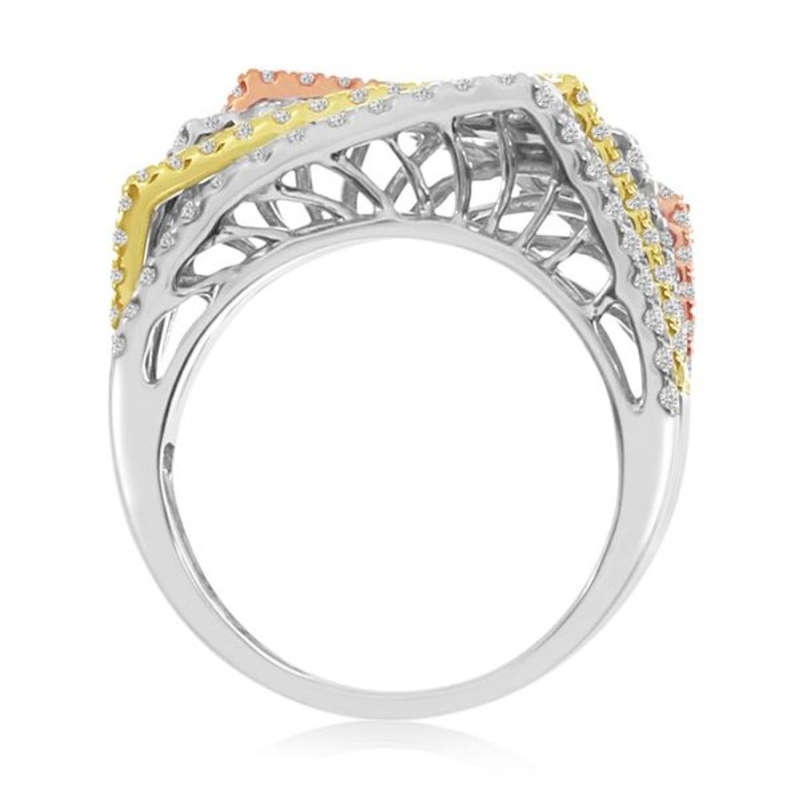 Colored Stone Jewelry Color Merchants | 14K Tri Color Rose White And Yellow Gold 5 Row Diamond Fashion Ring