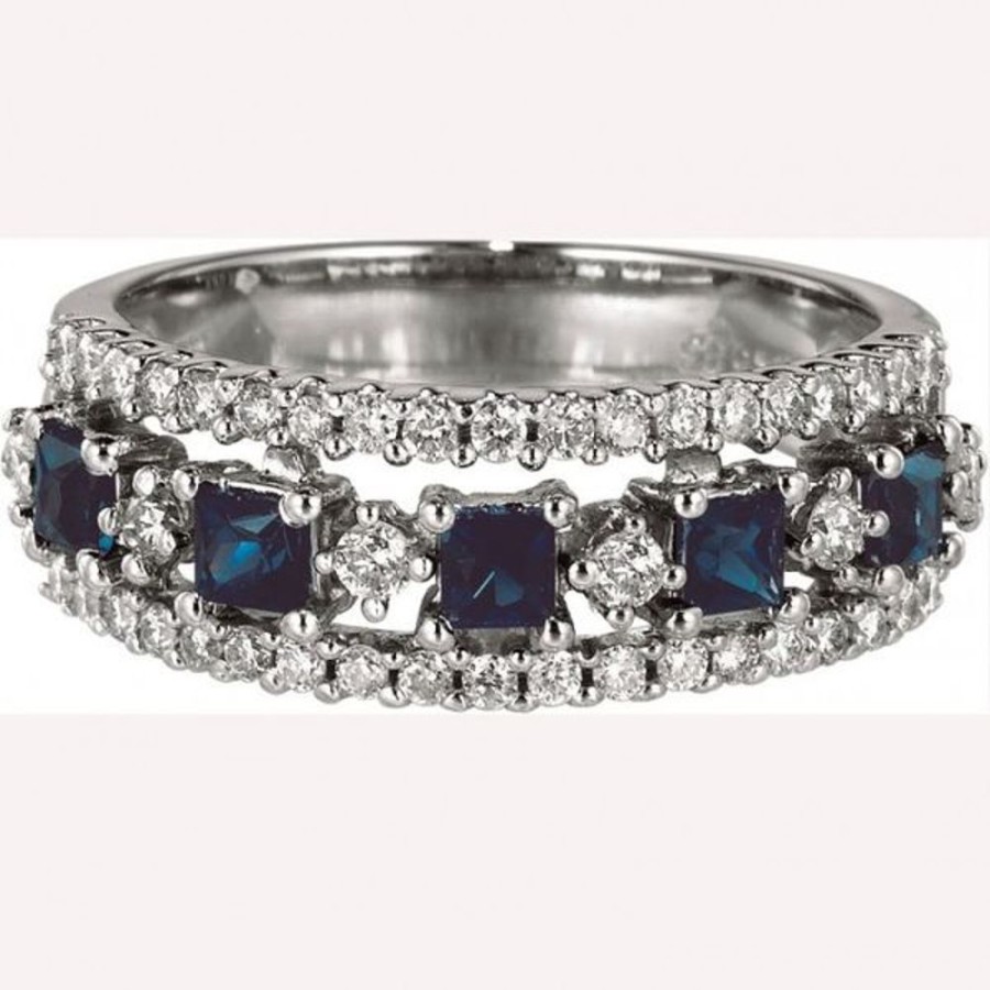 Colored Stone Jewelry Color Merchants | 14K White Gold Square Sapphire And Diamond Precious Fashion Ring